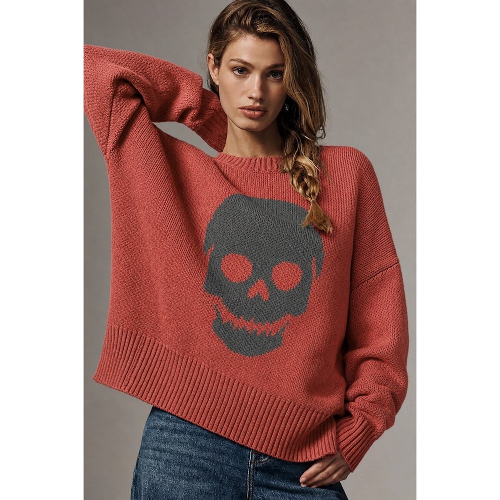 Wooden Ships Skull Sweater XL Dusty Coral Pink Chunky Knit Oversized